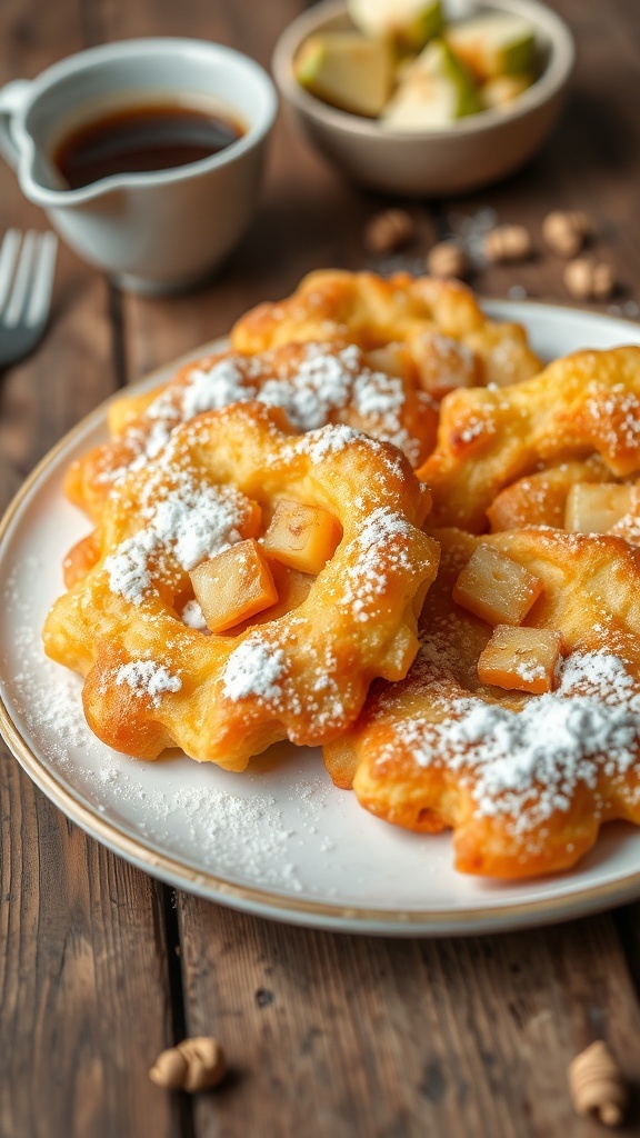 Low Sodium Apple Fritters Recipe Golden brown apple fritters dusted with powdered sugar on a rustic plate, with apple slices and coffee in the background.